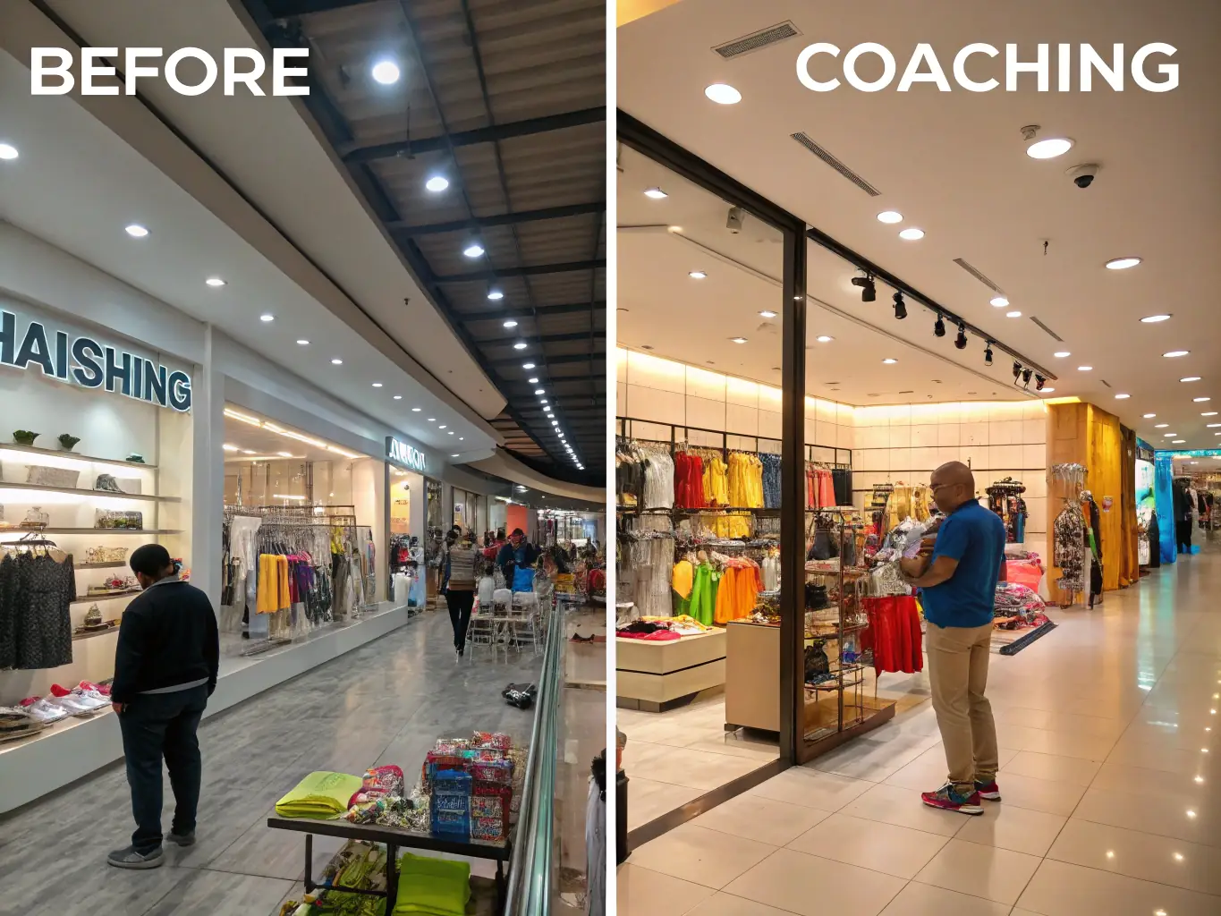 A before-and-after image showing a retail space transformed by the addition of a Gtech fragrance system, highlighting the positive impact on the ambiance.