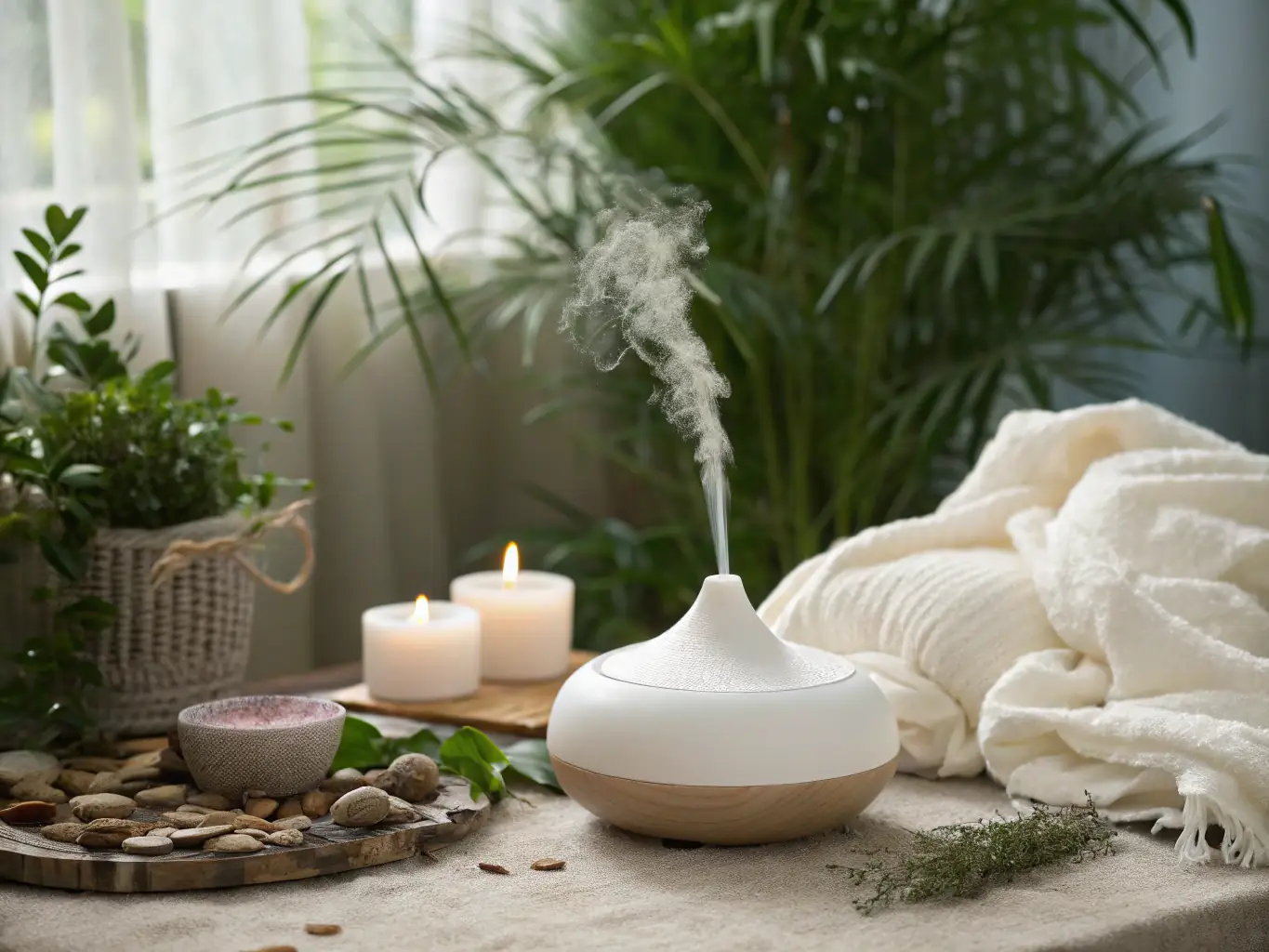 A close-up shot of a Gtech aroma diffuser with a subtle fragrance mist visible, emphasizing the quality and sophistication of the scenting technology.