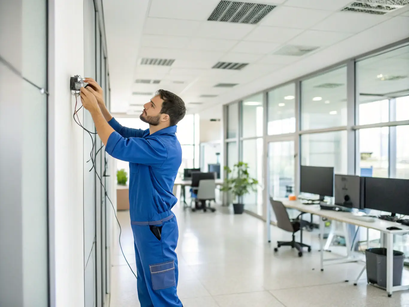 A professional technician installing a Gtech fragrance diffuser in a modern office setting, showcasing the ease and expertise of the installation process.